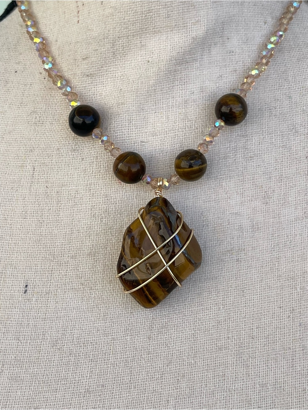 Brown Tiger Eye Necklace on Champaign Glass AB Beads